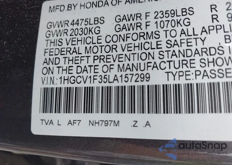 2020 Honda Accord Sport из США, поврежденный, VIN 1HGCV1F35LA157299